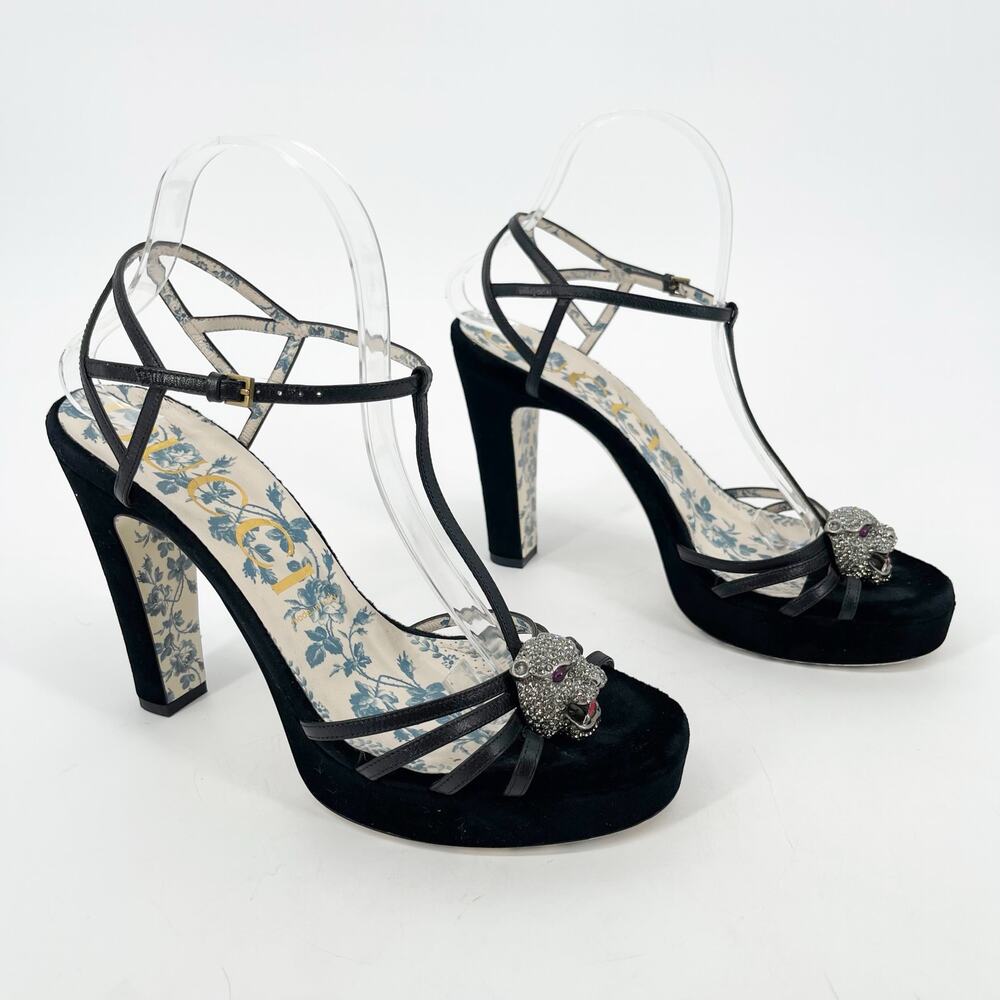 Gucci Black Velvet Elias Crystal Tiger Feline Head Platform Sandal Heels EU 40